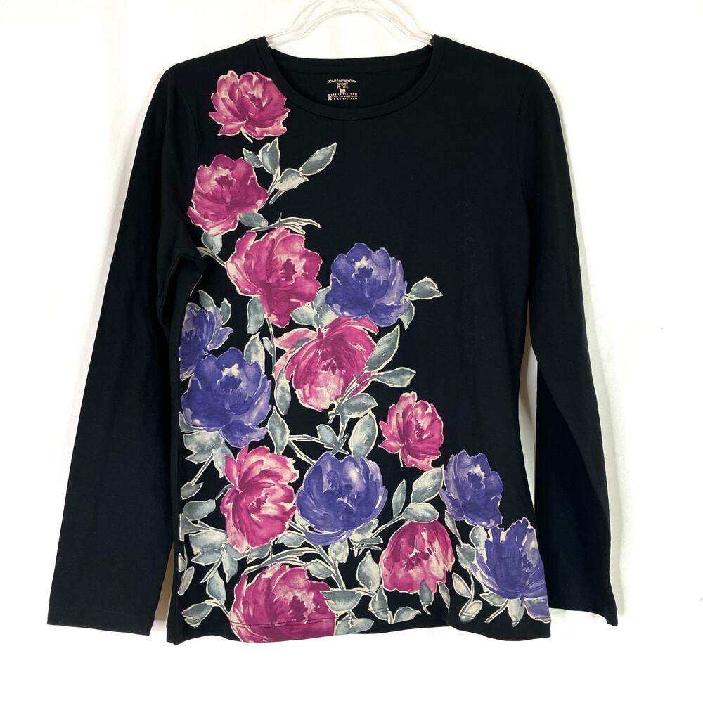 Jones New York Sport Petite Black Floral Graphic Long Sleeve Tee Shirt Womens LP